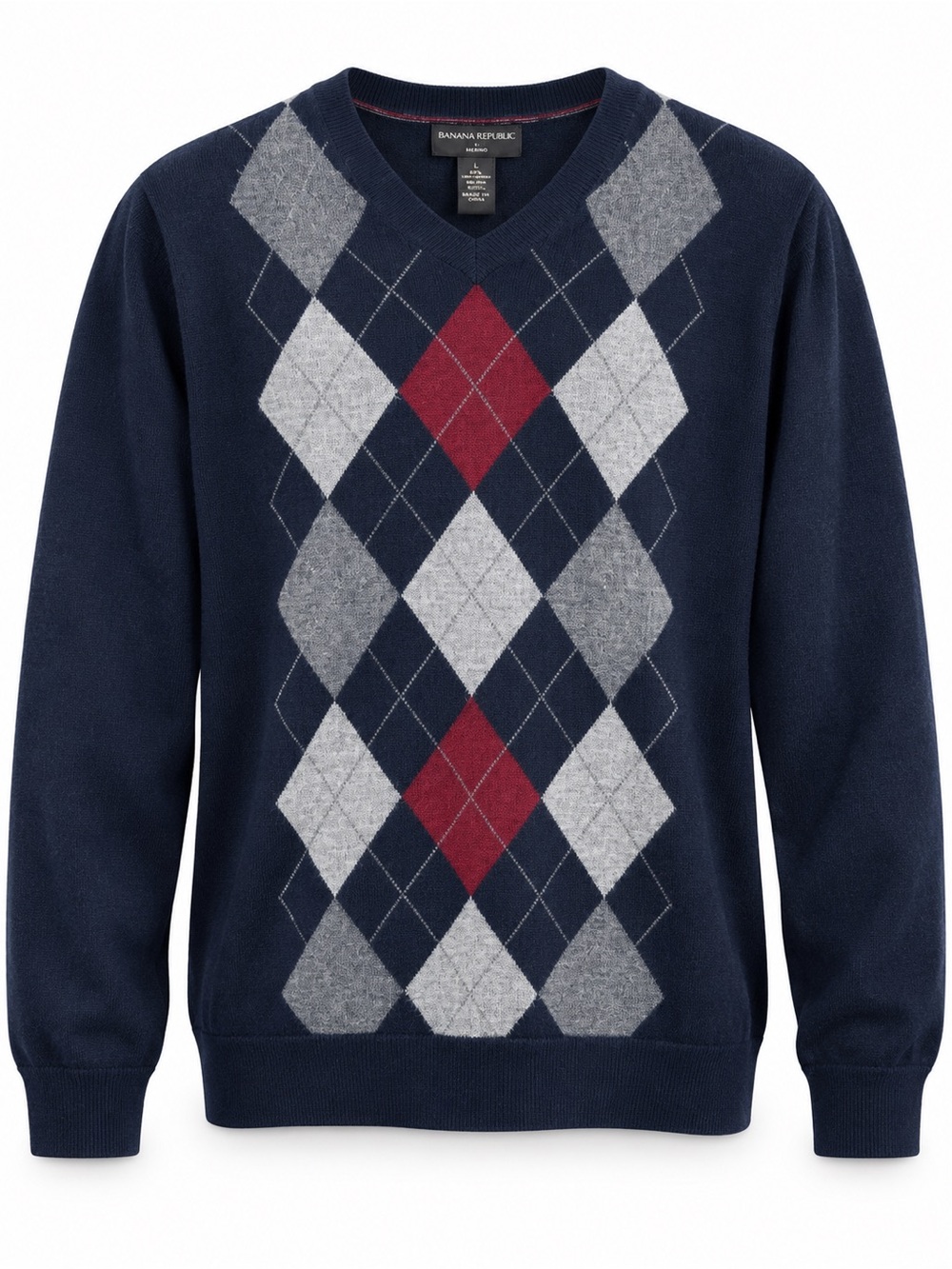 Banana Republic 100% Merino Wool Argyle V-Neck Sweater Mens Medium Navy Blue